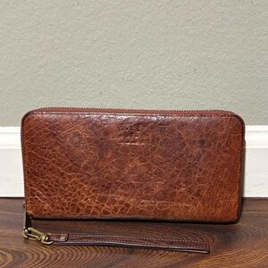 WILL Leather Goods Cognac Brown Leather Zip Around Clutch Wristlet Wallet